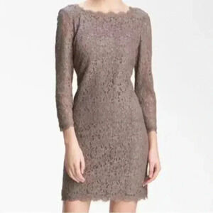 Adrianna Papell Taupe Lace Sheath Dress Back Zip 3/4 Sleeve Ladies 8 Formal